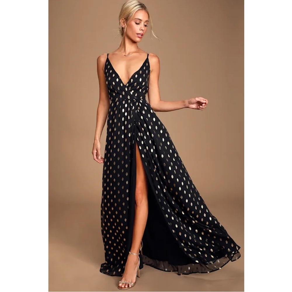 Lulus Galaxy Lights Black and Gold Polka Dot Sleeveless Maxi Dress Small NWT New